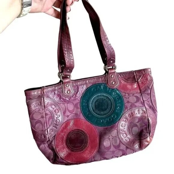 Coach East West Circle Patchwork Zip Tote Shoulder Bag Purple Leather Canvas - Picture 2 of 12